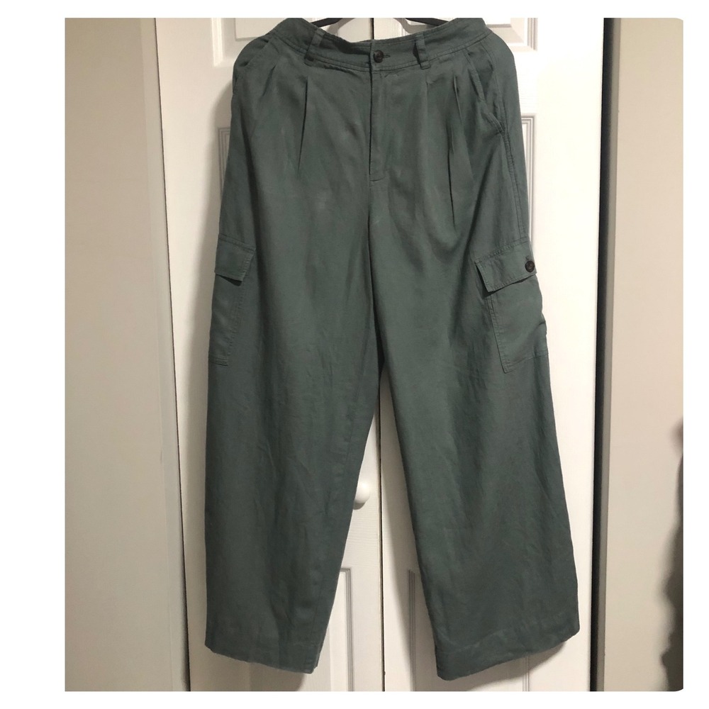 Madewell Womens Green Pleated Wide Leg Cargo Pants High Rise Linen Blend